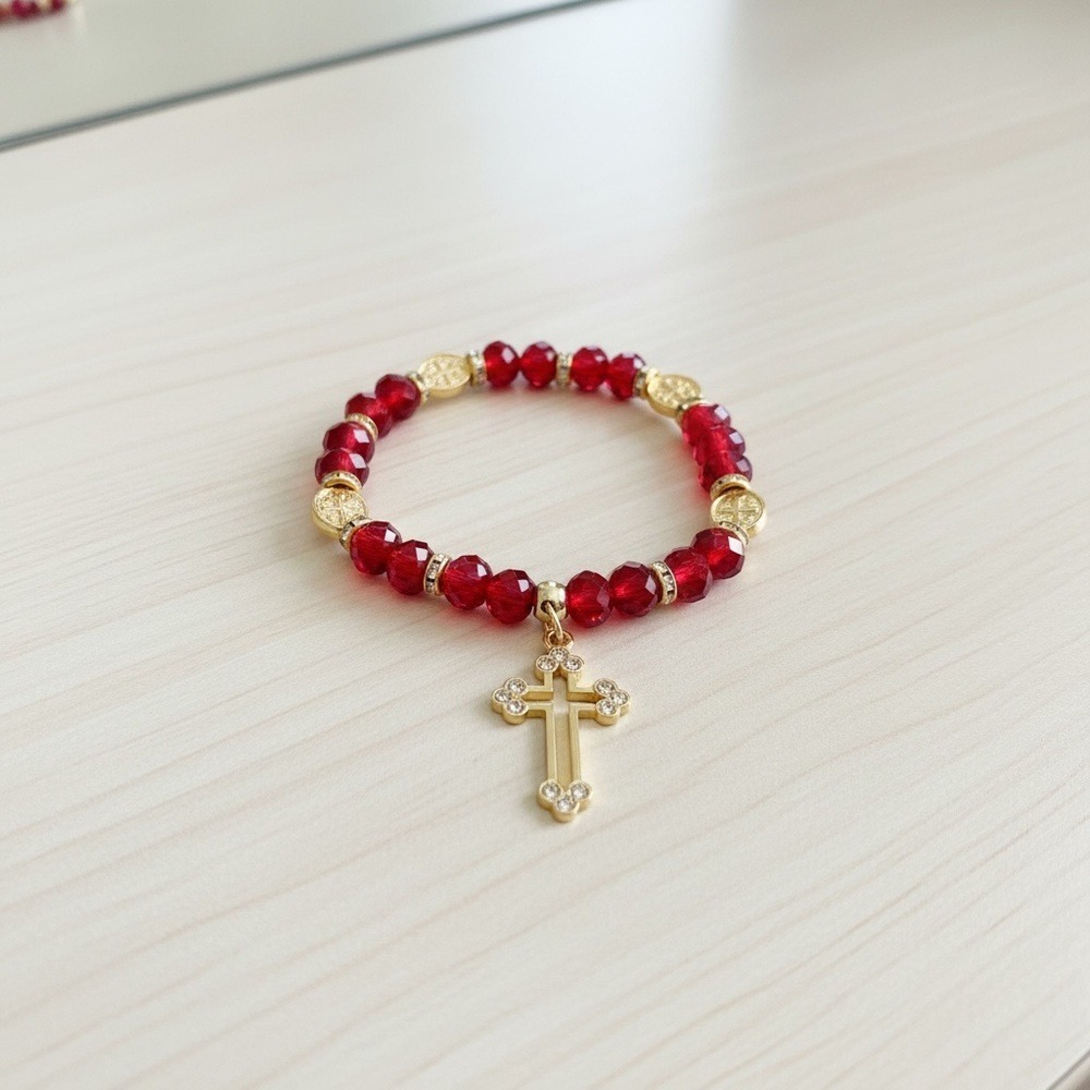 Gold Cross Charm Red Beaded Stretch Bracelet